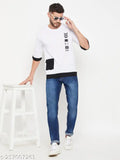 Blue and white printed funky cotton blend men's t-shirt with short sleeves, size S (38in x 26.5in), made in India