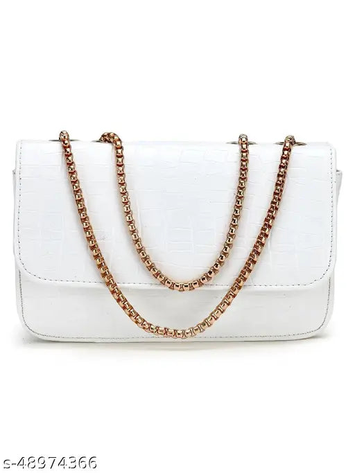 White faux leather slingbag, croc-textured and glossy finish, spacious compartment for essentials, versatile for traditional or western outfits, made in India