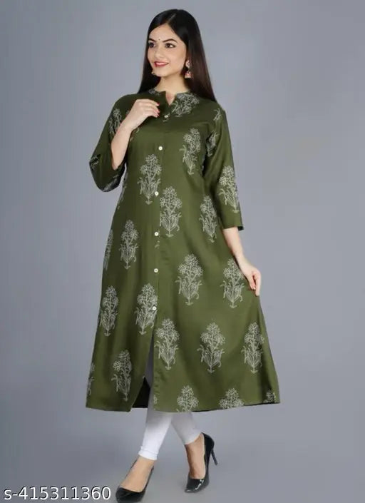 Women's Rayon High-Slit Aline Kurti Like Gown, printed combo, three-quarter sleeves, India-origin, on hangar with pockets