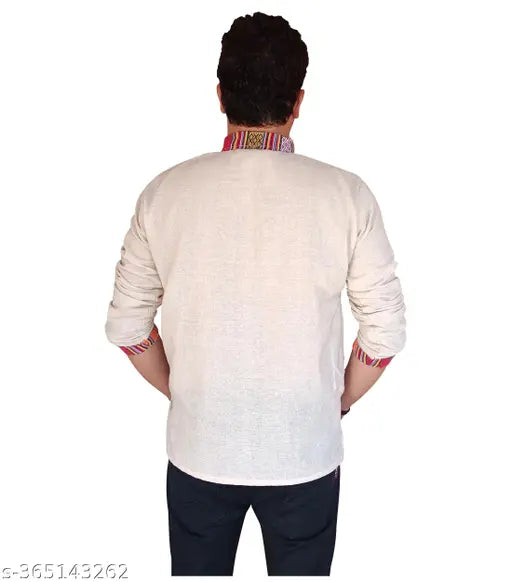 Cotton Mens 7 Chakra Nepali Kurta, single-pocket design with long sleeves, comfortable for everyday wear (S: Chest 42in/Length 26in, M: Chest 44in/Length 27in, L: Chest 48in/Length 28in, XL: Chest 50in/Length 30in) - Indian Heritage Product from India