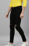 Designer black denim men's slim fit knee-cut jeans, size 28/30/32/34/36 (waist 28in-36in, length 40in). India origin