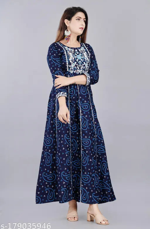 Rayon ANARKLI frock suit, three-quarter sleeve printed combo dress with matching accessories, India-origin fashion for women