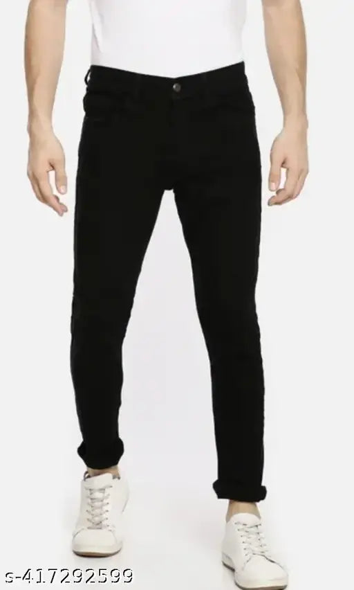 Black cotton denim slim fit men's jeans, modern wash pattern with classic closure, size 28/30/32, made in India