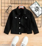 boys & girls black denim jacket, long sleeve solid pattern for 4-5 years kids clothing (size 28in chest, 15in length, 28in waist), made in India