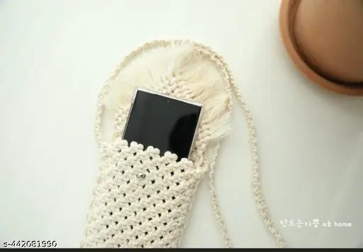 Handmade polyester mobile sling bag, boho-chic style with applique net pattern, fits any size phone, India origin
