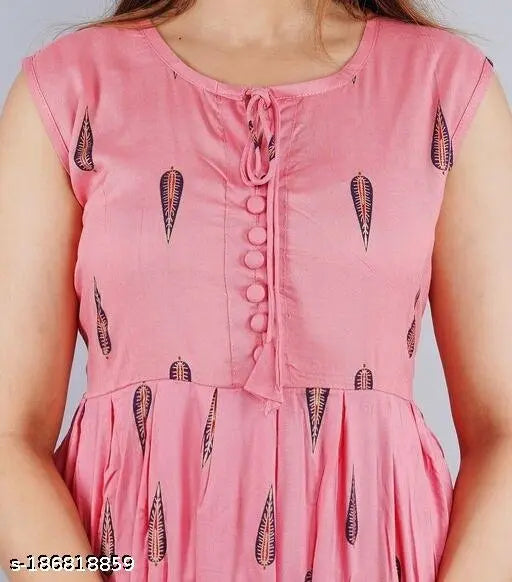 Pink rayon sleeveless anarkali kurti with printed design, women's Indian fashion