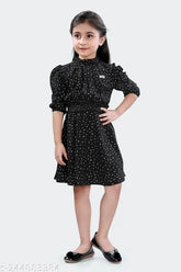 Polka dot printed polyester summer dress, three-quarter sleeves, embellished net design - girls' western wear in soft white