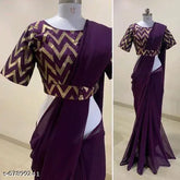 Krishna Purple SF Georgette saree with stitched blouse, solid jacquard pattern, Zari woven net, free size, India