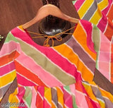 Georgette box print Laheriya gown with dupatta, full inner crepe round neck, ankle length, long sleeves, available in S-XXL