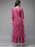 Pink rayon kurta and patiyla plazzo set, printed net design, three-quarter sleeves