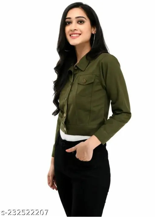 Solid denim women's jacket, long sleeves, trendy and glamorous, size S-XL. Made in India" (105 characters)