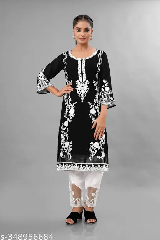 Floral embroidered Georgette salwar suit set, white pant and full sleeve stitched top. New designer heavy embroidery work on India-made women's apparel (XS, S, M, L, XL, XXL sizes available)