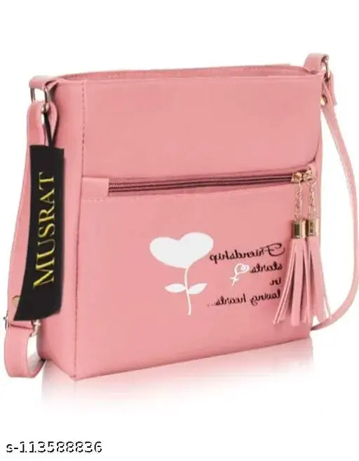 PU pink classic sling bag with 2 compartments, free size, India-made women's fashion accessory