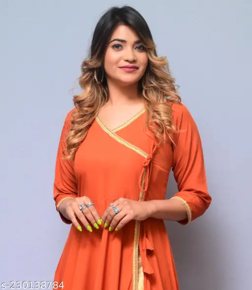 Orange polyester v-neck angrakha kurti, elegant women's party wear in solid orange color, three-quarter sleeves, XS to XXXL sizes