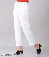 White pure cotton women's trouser pant for daily wear, comfortable and stylish with elastic side pockets, tailored from flex fabric, India origin