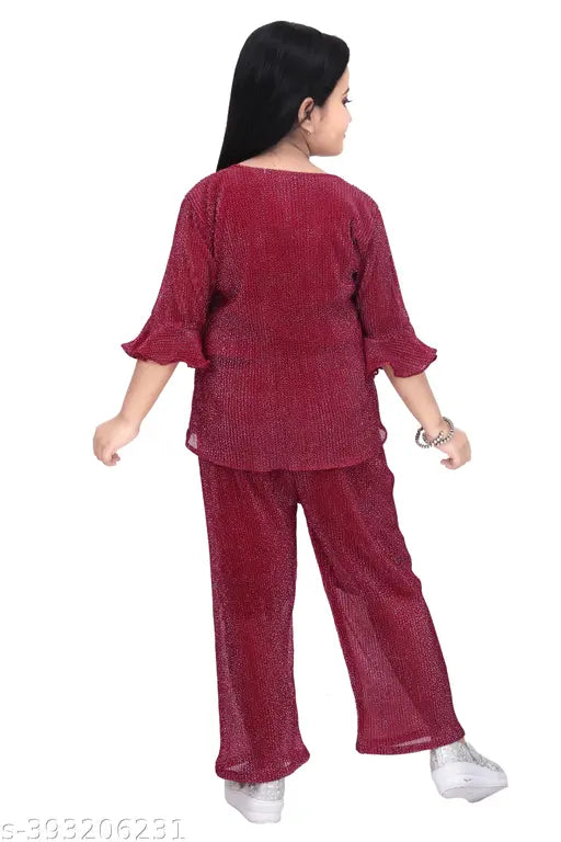 Maroon Chiffon Top with Georgette Palazzo Set, stylish modern kids party wear