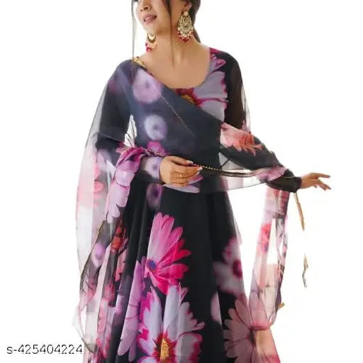 Georgette long kurta with dupatta, trendy red partywear design, intricate embroidery, versatile traditional style, India-made high-grade fabric