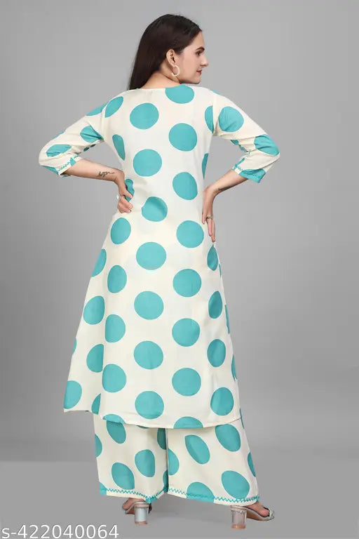 Polly cotton V-neck polka dot print kurta palazzo set with pocket, premium Indian handwork on display