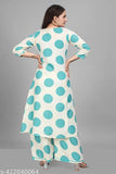 Polly cotton V-neck polka dot print kurta palazzo set with pocket, premium Indian handwork on display
