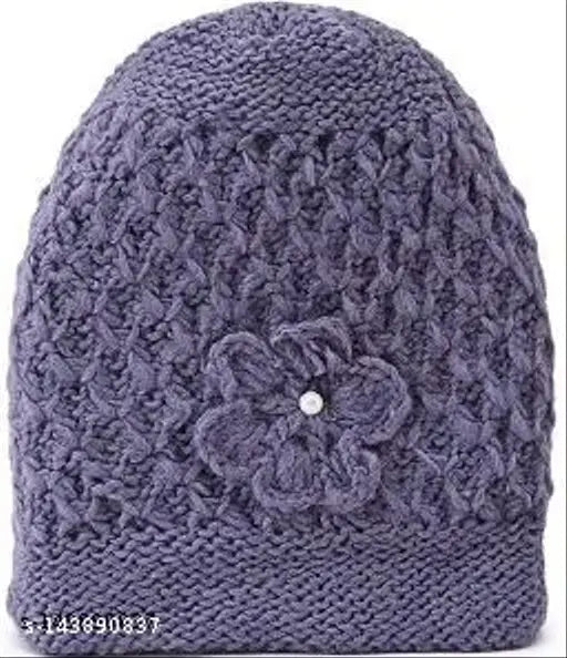 Grey woolen knitted cap, PinKit Fancy floral design for winter women's wear