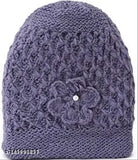Grey woolen knitted cap, PinKit Fancy floral design for winter women's wear