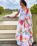 Chanderi cotton Anarkali style set (gown & dupatta), printed net, long sleeves, XS-XXL sizes available. Indian handloom cotton kurti for casual, office, party or festive occasions