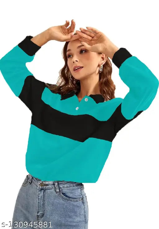 Turquoise Blue-Black cotton full sleeve t-shirt for women, colorblocked design in soft combed cotton
