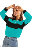 Turquoise Blue-Black cotton full sleeve t-shirt for women, colorblocked design in soft combed cotton