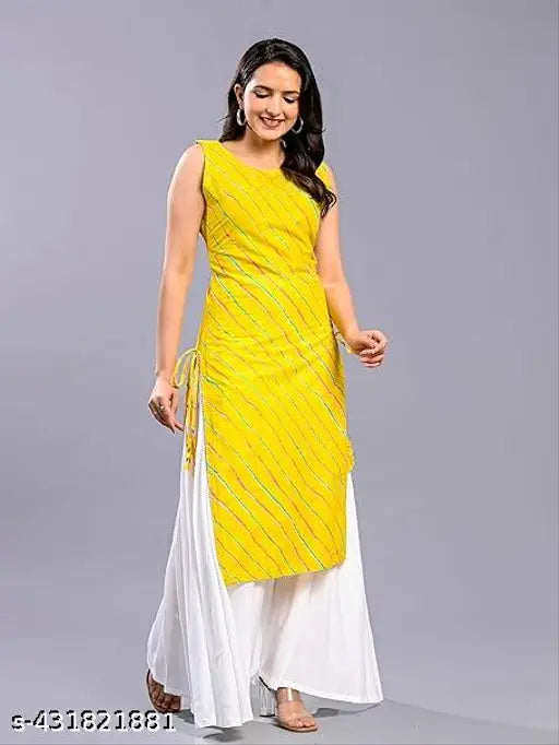 Yellow Zodeox Women's Laheriya Cotton Kurta with Palazzos, 3/4 sleeve and round neck, cotton blend, printed, traditional wear, casual or party wear