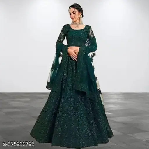 Embroidered net Lahenga-Choli and dupatta set, semi-stitched with intricate Indian embroidery, 42in waist, 44in length