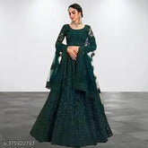 Embroidered net Lahenga-Choli and dupatta set, semi-stitched with intricate Indian embroidery, 42in waist, 44in length