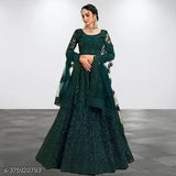 Embroidered net Lahenga-Choli and dupatta set, semi-stitched with intricate Indian embroidery, 42in waist, 44in length