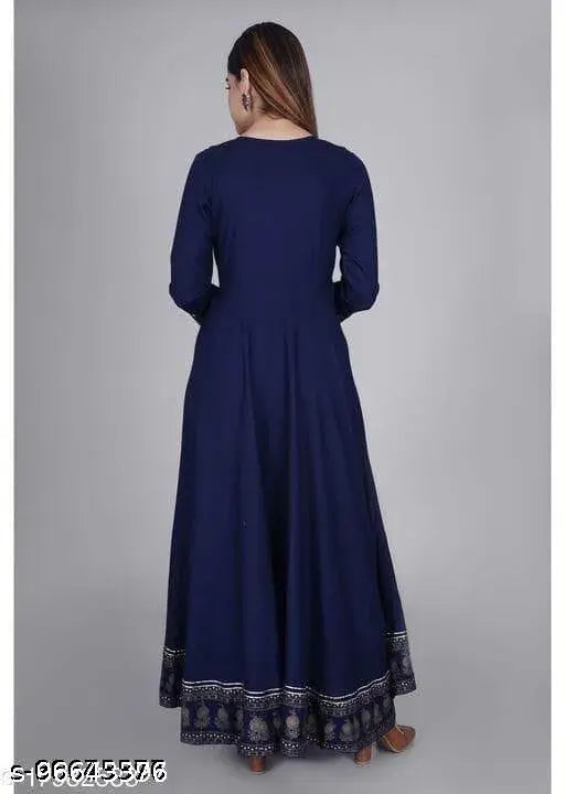 Royal blue rayon gown, solid design, three-quarter sleeves, women's formal wear