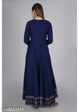 Royal blue rayon gown, solid design, three-quarter sleeves, women's formal wear