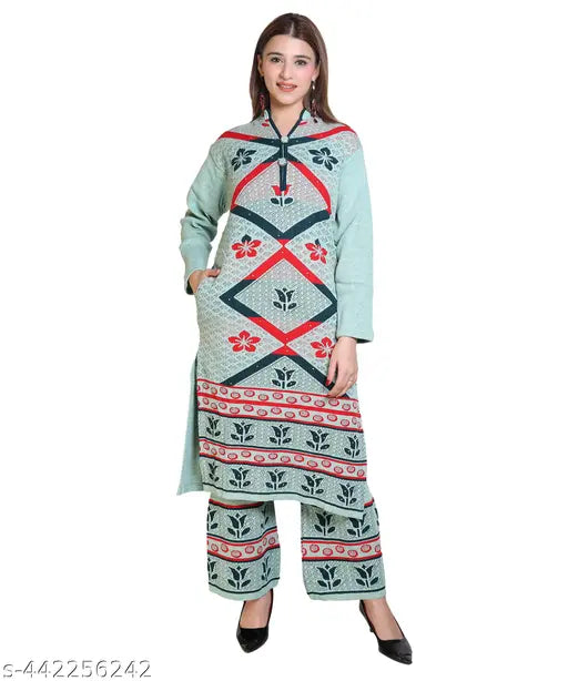Woolen warm ladies suits set - three-quarter sleeve Kurta with Palazzos, printed net winter wear, India