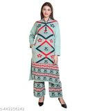 Woolen warm ladies suits set - three-quarter sleeve Kurta with Palazzos, printed net winter wear, India