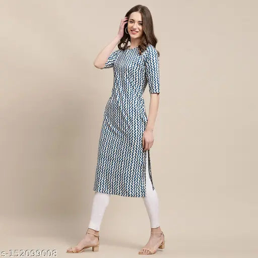 Stylish white & blue zig-zag printed straight crepe kurti, 100% American crepe