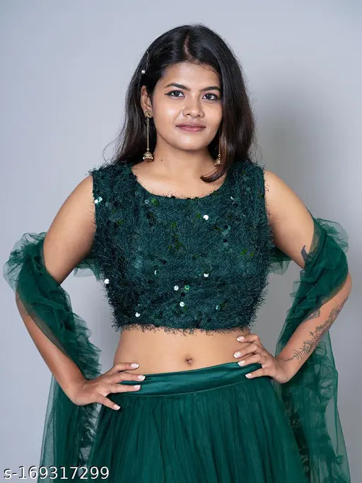 Trendy green color jute silk partywear lehenga choli with net dupatta, embellished and ruffled, free size (38waist, 42length)