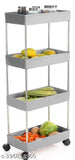 Grey plastic vegetable kitchen trolley with four shelves, perfect for organizing fresh produce in the kitchen