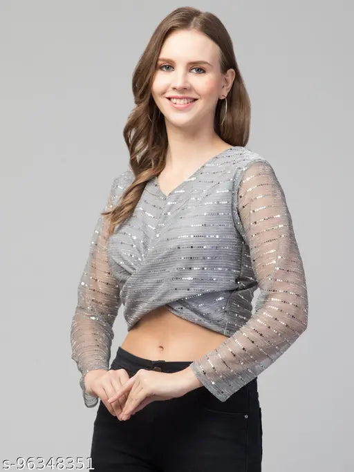Embellished net, long-sleeved tinsel bling knot style top for women & girls, India-made partywear