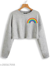 Crop rainbow printed cotton T-shirt with long sleeves, vibrant design for women, size XS (34in bust, 17in length)