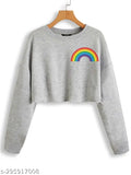 Crop rainbow printed cotton T-shirt with long sleeves, vibrant design for women, size XS (34in bust, 17in length)