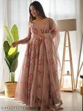 Elegant cream Krishna Chiku Georgette gown, floral print in pink & red, long sleeves, cotton belt, India