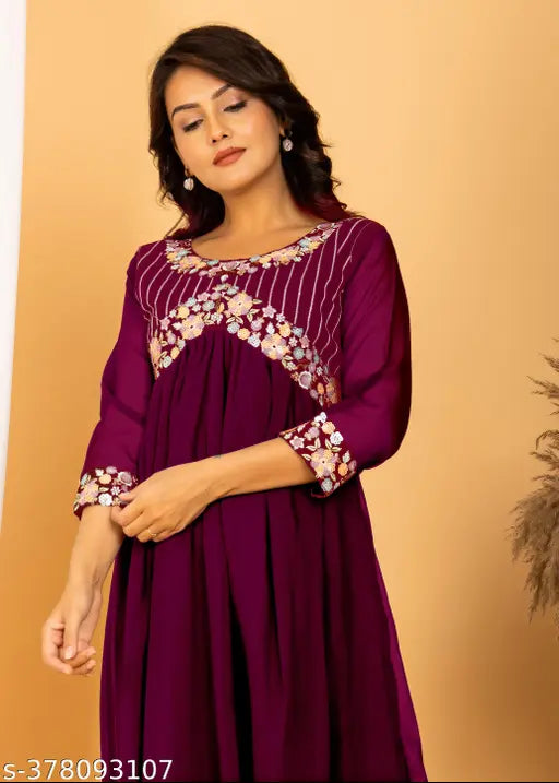 Georgette embroidered kurti for women, solid combo, three-quarter sleeves