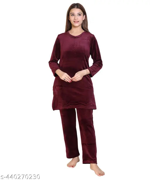 Women's velvet full sleeve nightsuit, premium quality & trendy Indian design, warm fabric for winter