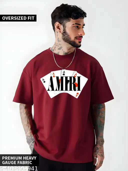 Men's Amiri print, cotton blend baggy drop shoulder t-shirt. Perfect for daily wear, yoga, or college. Oversized style in trendy colors, made in India." (106 characters)