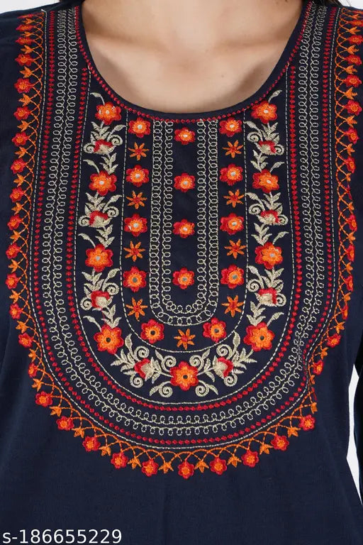 Wool embroidered winter kurti for women, three-quarter sleeves, vibrant multi-color design, Indian origin