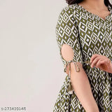 Rayon flared anarkali kurta with elastic waistband, tassels, kantha work neckline, slit elbow cut sleeves. Organic rayon, 3/4 sleeve, Aztec print. Handcrafted, unique pattern, comfortable, versatile for casual, party, functions. Indian origin