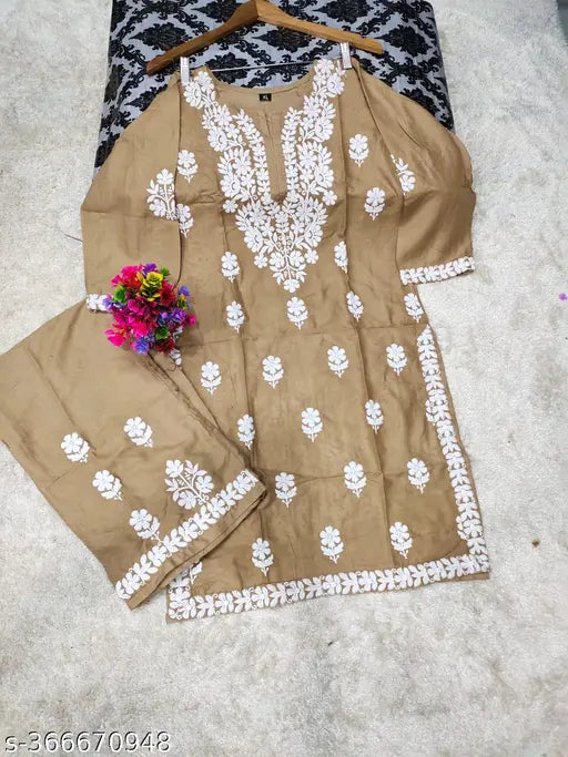 Embroidered rayon Chikankari kurti & Palazzo set, three-quarter sleeves, Indian women's fashion