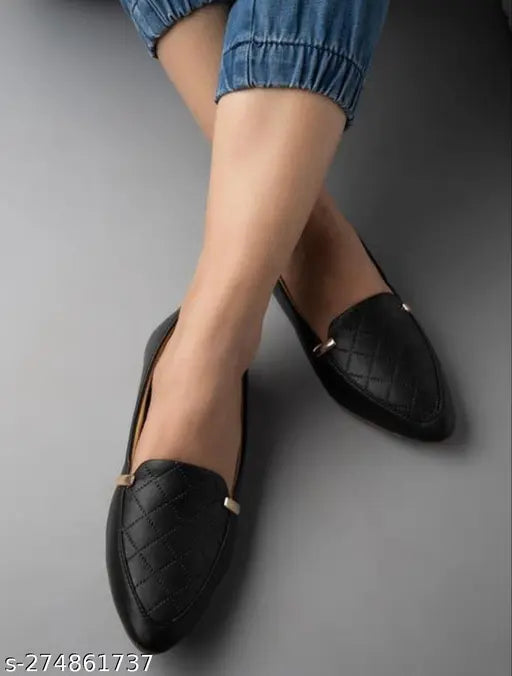 Synthetic ballerinas, black with textured design and cushioned footbed. Slip-on Wooker Women shoes for daily wear in various sizes (IND-3 to IND-8), made in India
